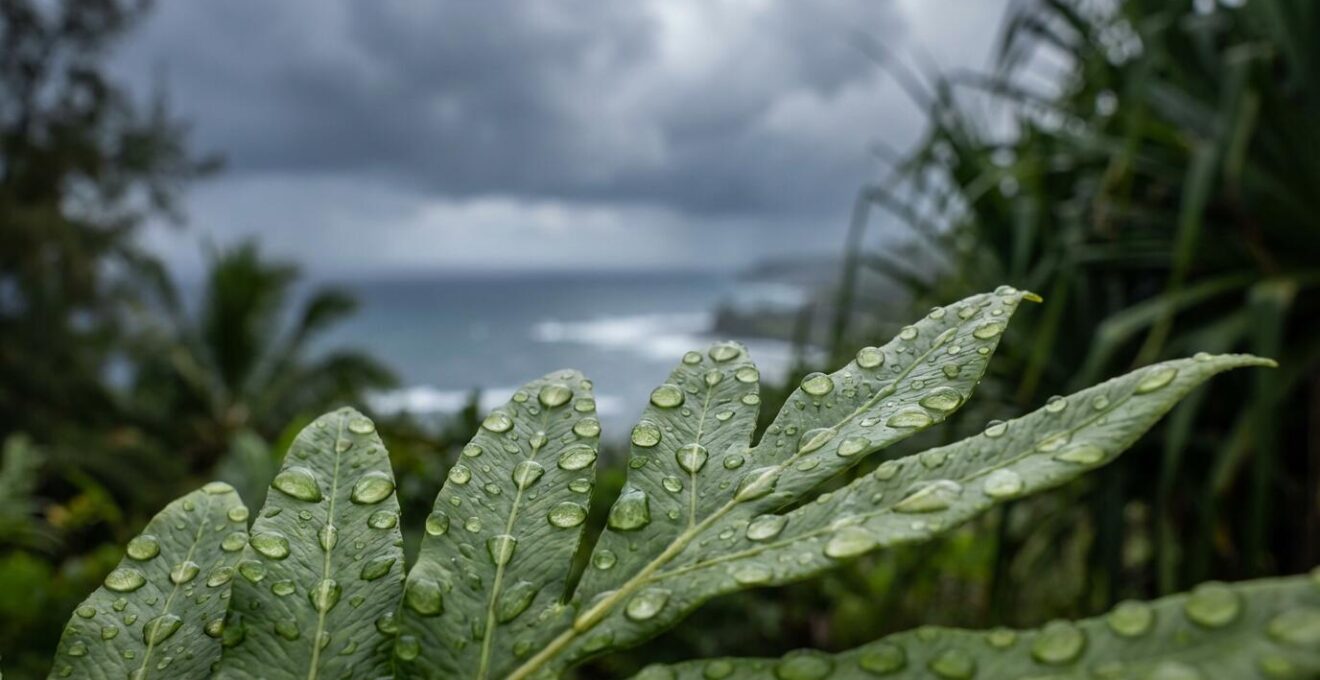 Gros plan sur des gouttes de pluie sur une feuille tropicale, avec des nuages d'orage en arrière-plan, symbolisant un grain tropical à La Réunion.