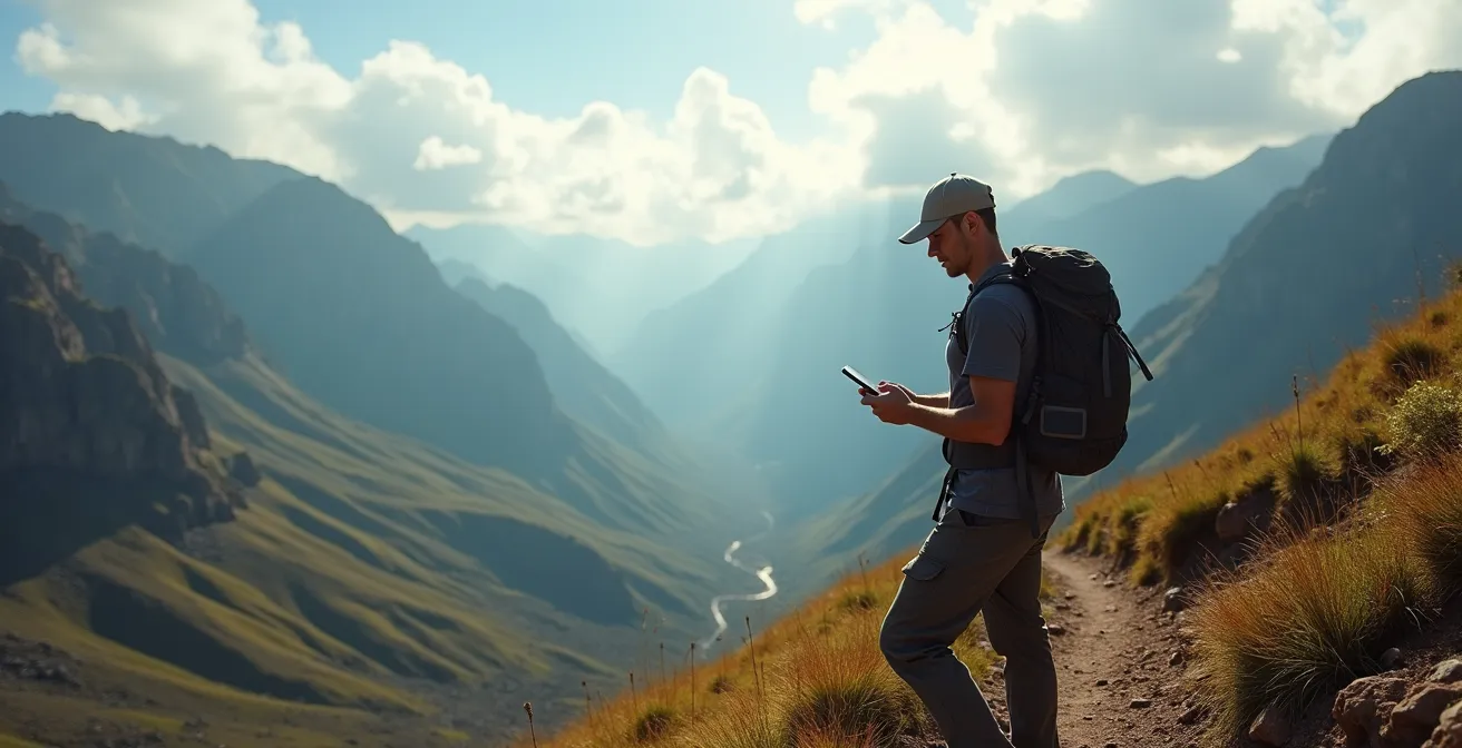 Randonneur consultant brièvement son smartphone en mode avion dans le cirque de Mafate avec vue panoramique