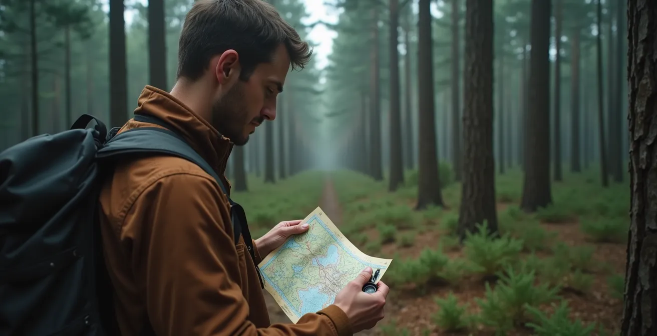 Randonneur consultant carte et boussole dans une forêt alpine dense