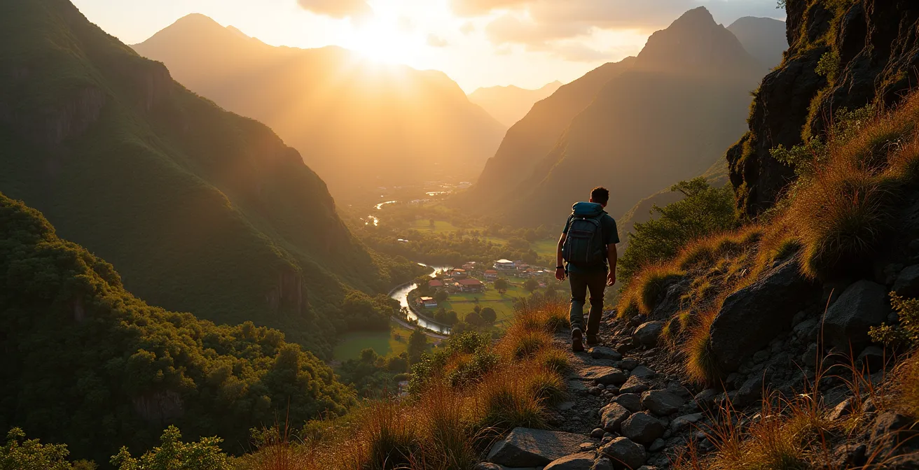 Randonneur sur sentier escarpé descendant vers un îlet isolé du cirque de Mafate