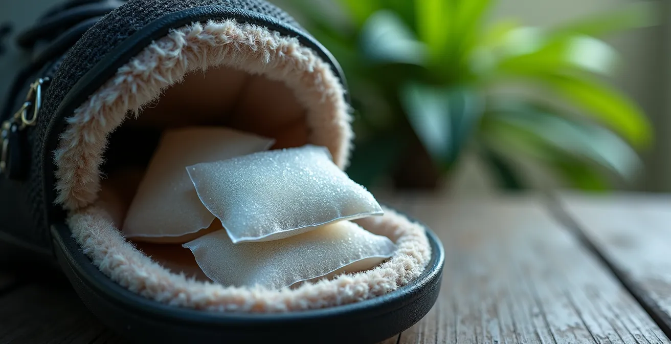 Chaussures de ski ouvertes avec sachets déshumidificateurs placés à l'intérieur dans un environnement tropical