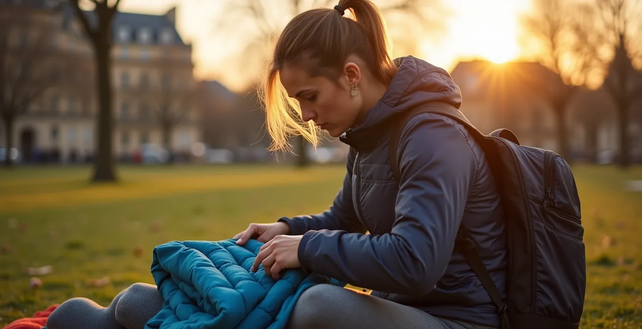 Touriste avec sac à dos modulaire gérant ses couches de vêtements dans un parc parisien