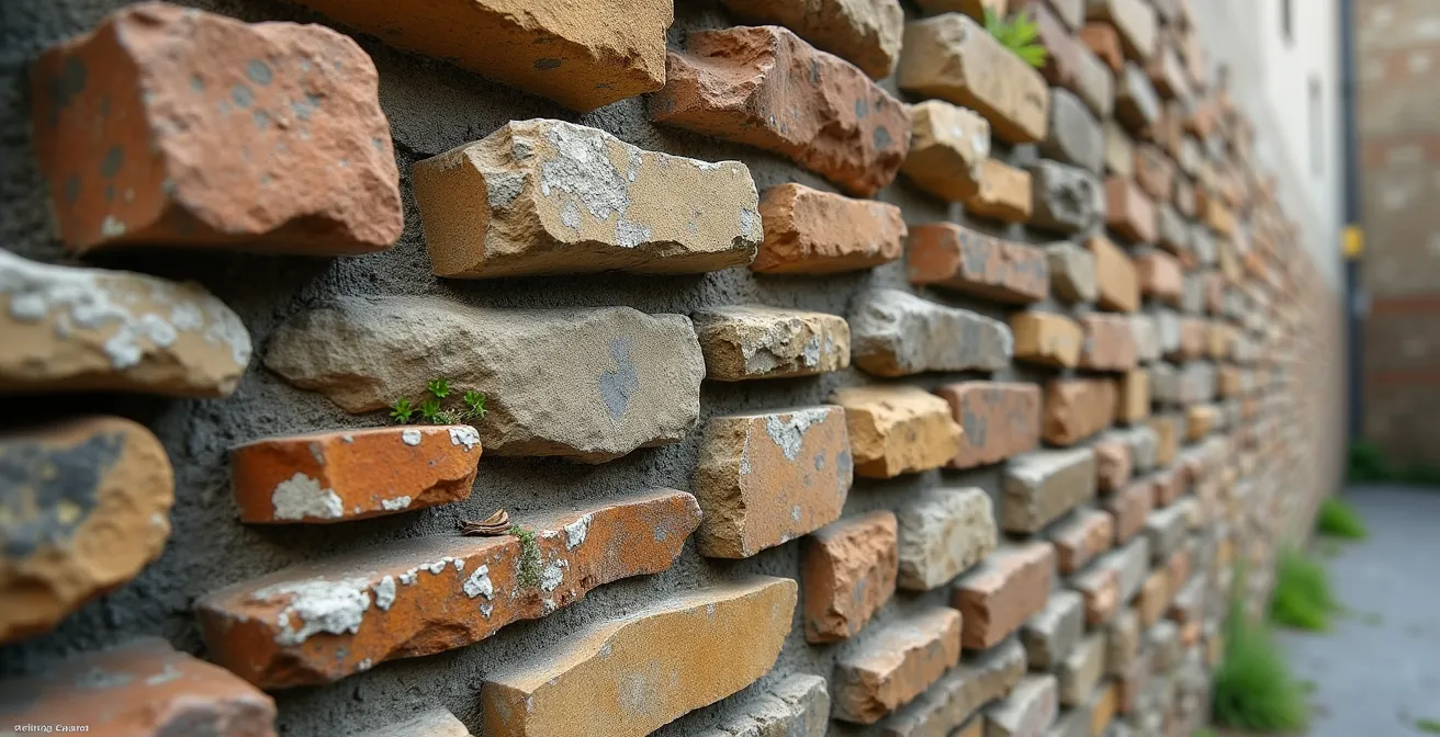 Détail macro d'un mur montrant différentes couches de pierre de différentes époques avec textures variées