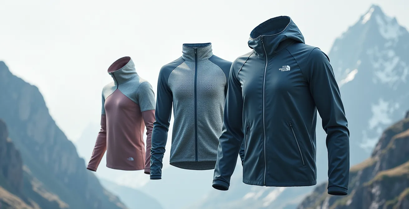 Vue éclatée montrant les trois couches de vêtements techniques pour le ski