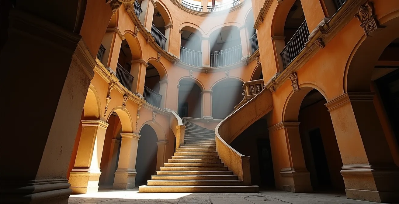 Passage voûté Renaissance avec escalier à vis en pierre et puits de lumière filtrant dans une traboule lyonnaise