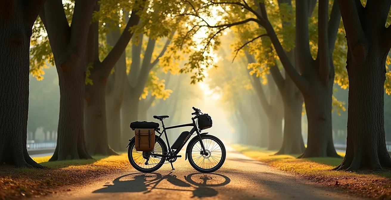 Vélo électrique chargé de sacoches stationné sous les platanes du Canal du Midi