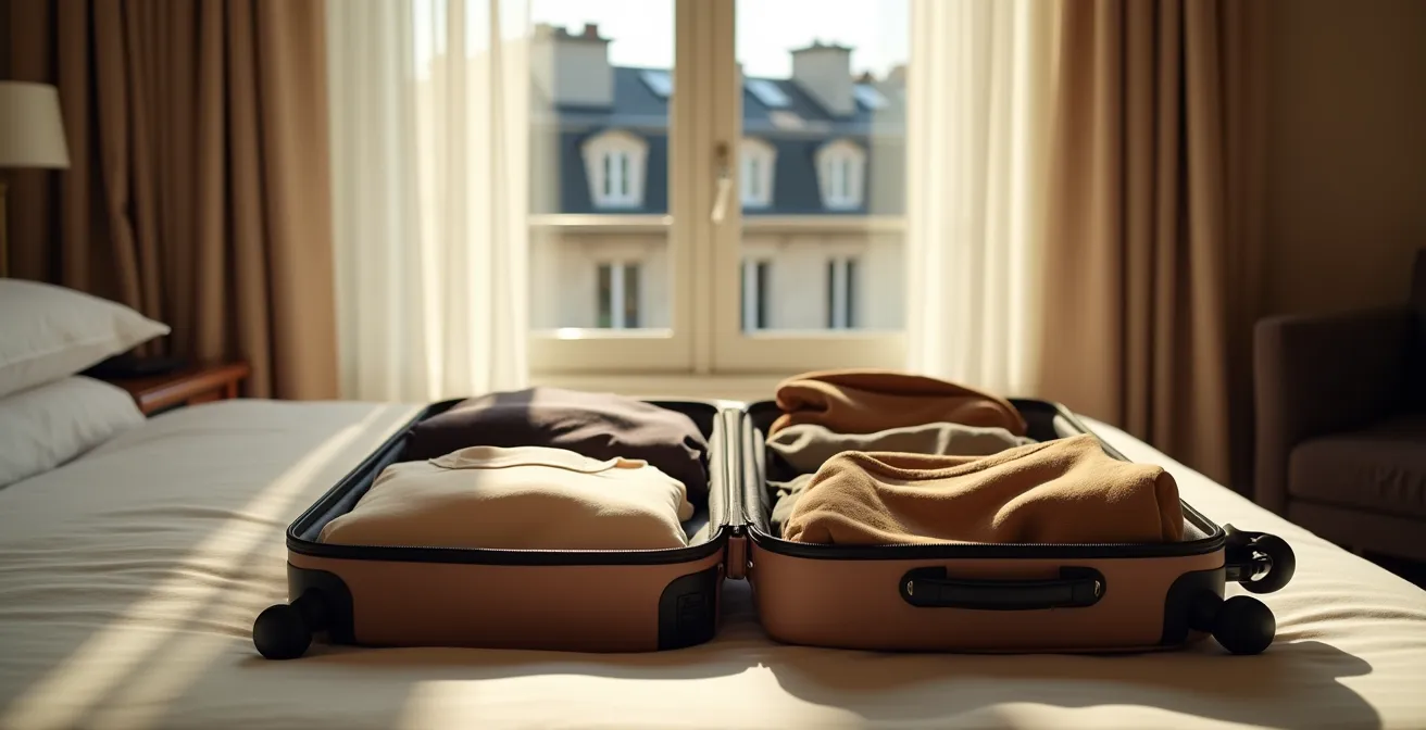 Valise ouverte sur lit d'hôtel avec vêtements pliés, éclairage de fin d'après-midi