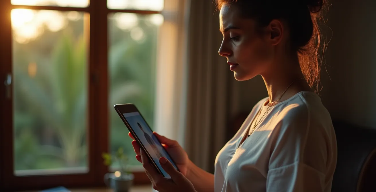 Personne effectuant une visite virtuelle d'appartement en visio avec décalage horaire visible