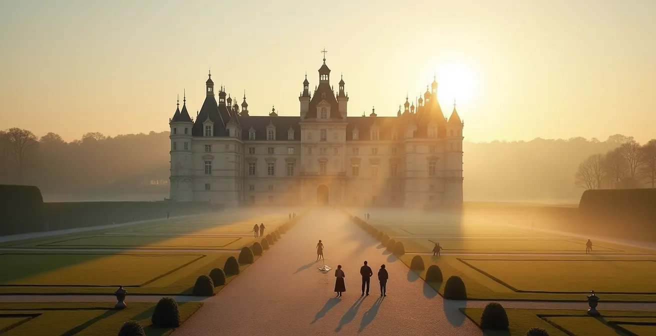 Vue grand angle du parvis d'un château de la Loire au lever du soleil avec quelques visiteurs matinaux