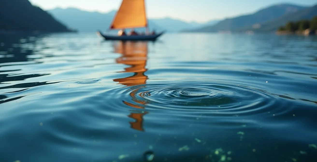 Voilier naviguant sur un lac alpin avec des vents changeants visibles sur l'eau