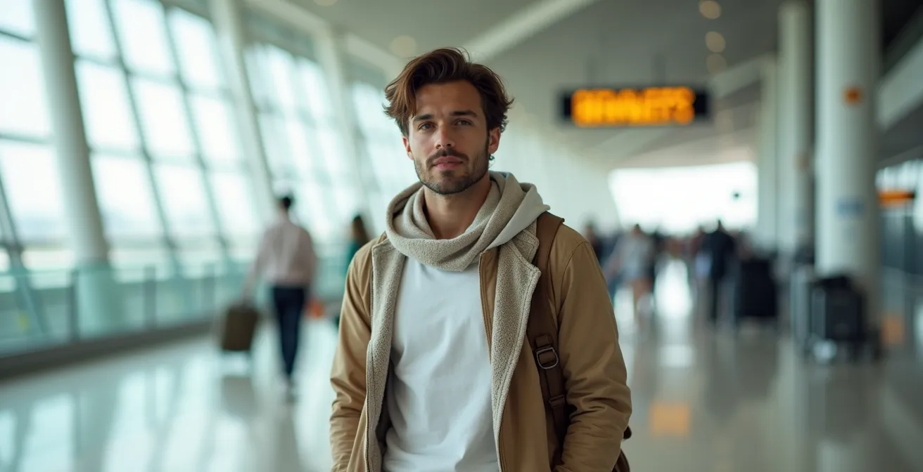 Voyageur en tenue décontractée avec plusieurs couches de vêtements adaptées au vol long-courrier