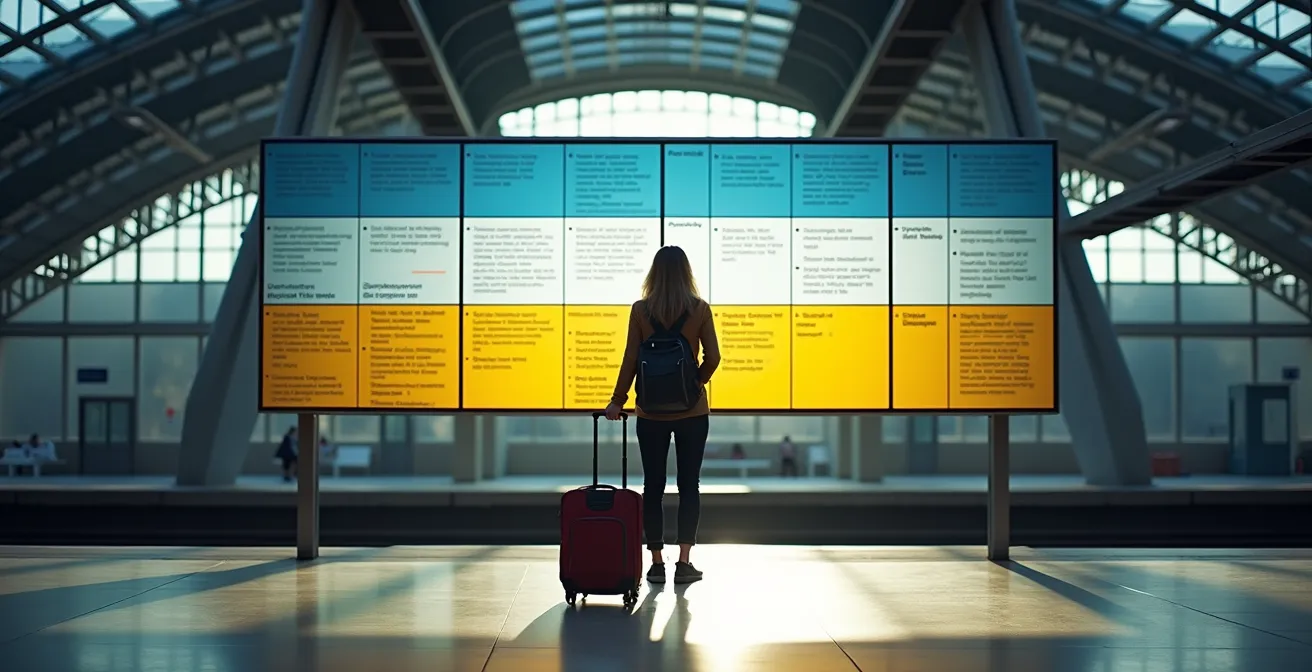 Un voyageur observant attentivement le panneau de composition des trains sur un quai de gare