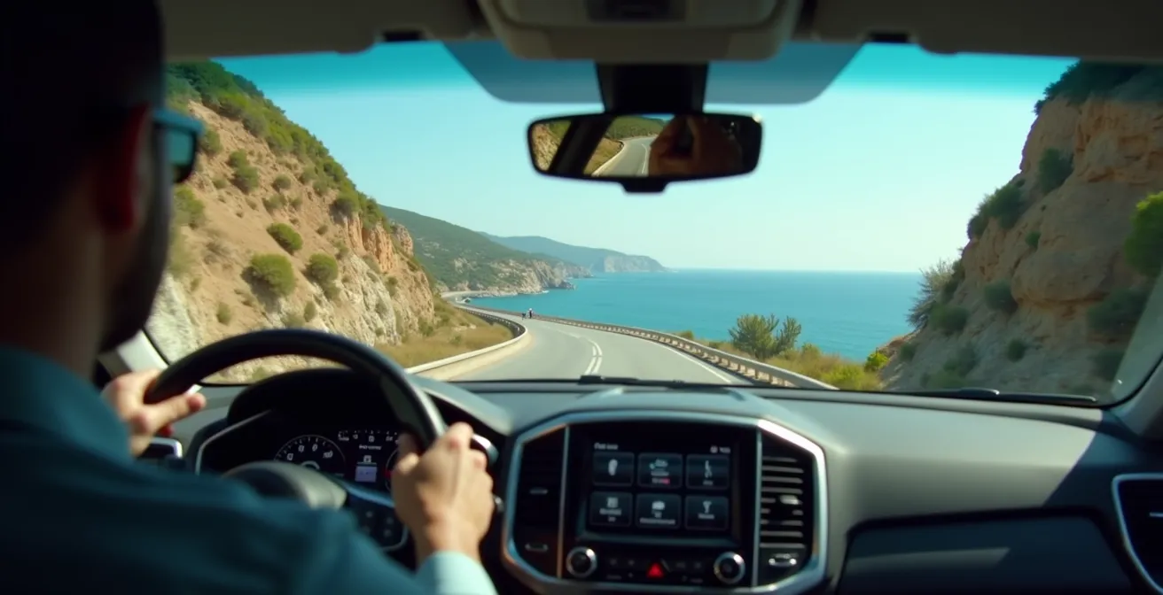 Vue depuis l'habitacle d'une voiture sur une route sinueuse de corniche avec mer turquoise en contrebas