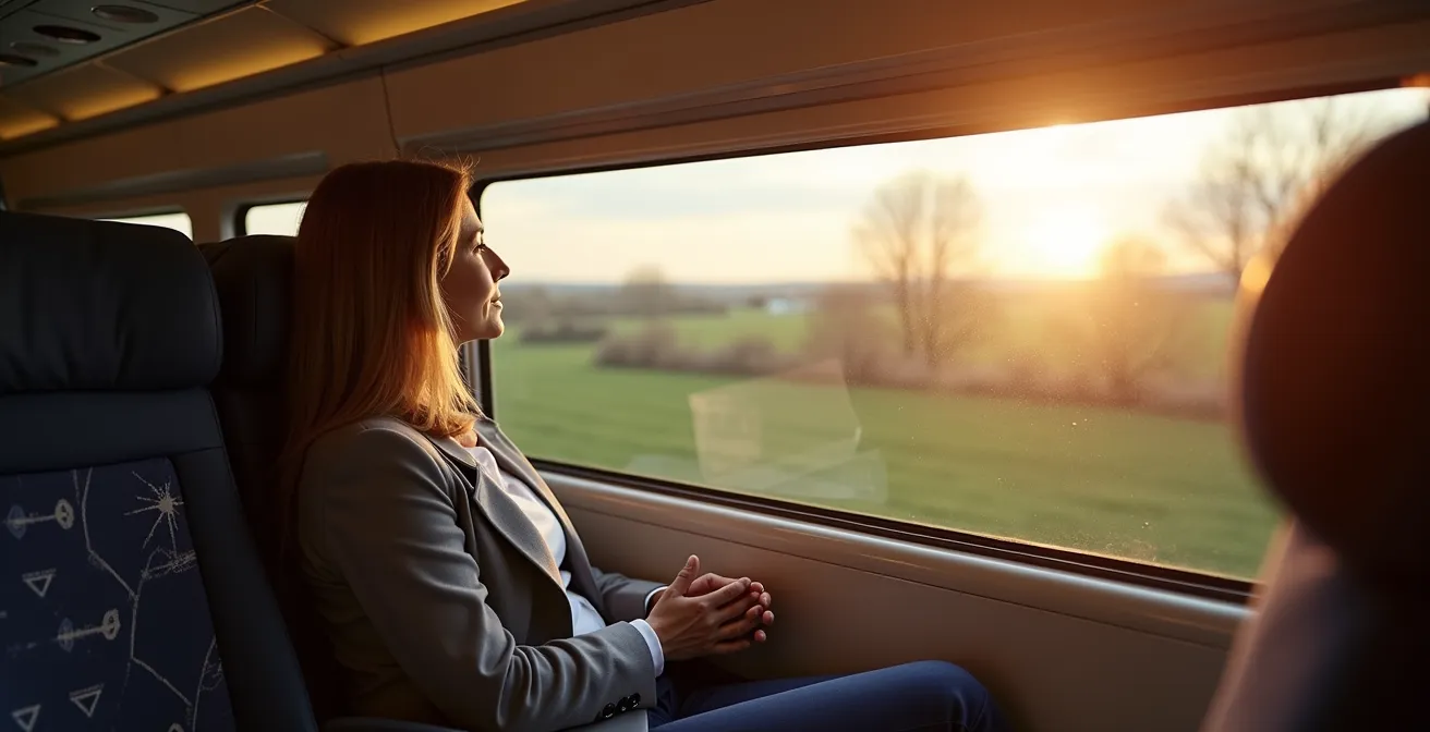 Intérieur spacieux de la salle haute d'un TGV Duplex avec vue plongeante sur la campagne française