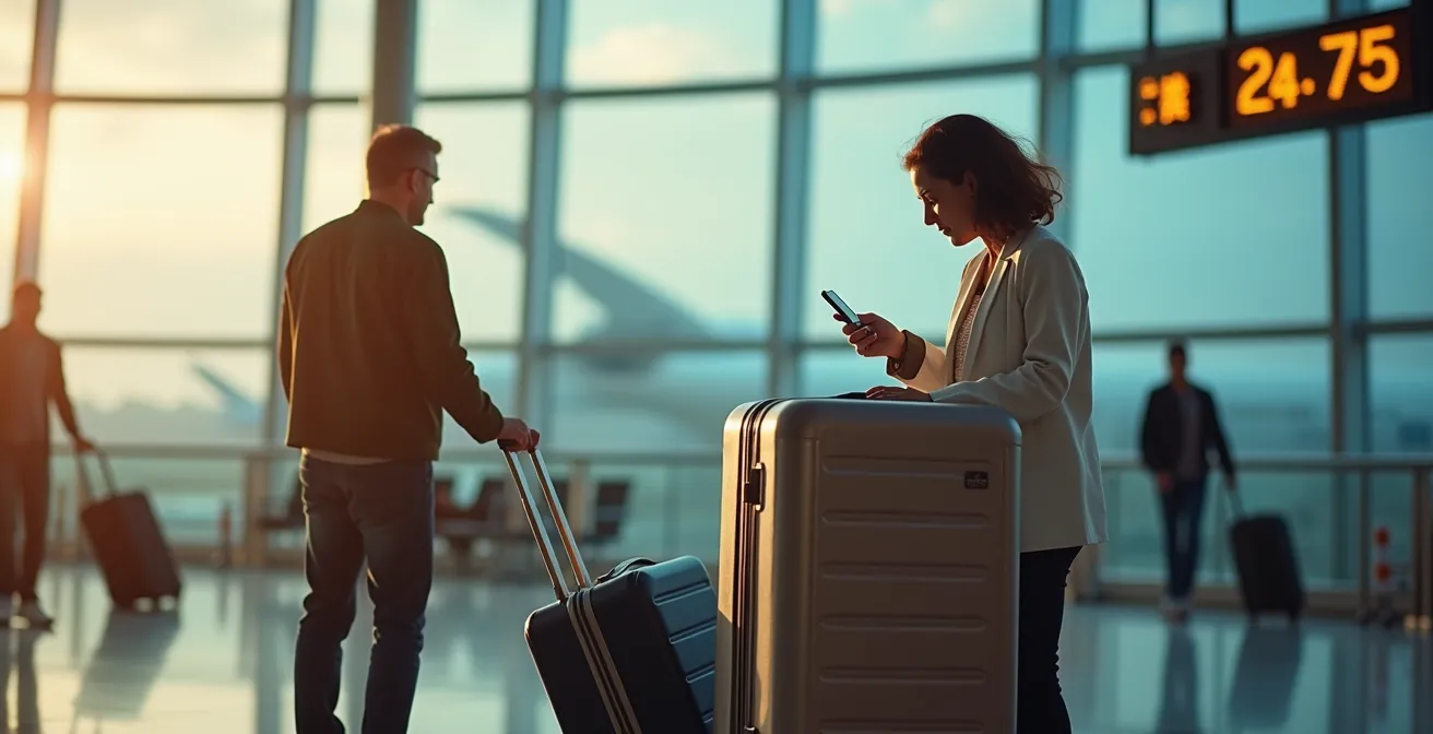 Voyageur avec valises attendant dans la zone VTC moderne du terminal CDG